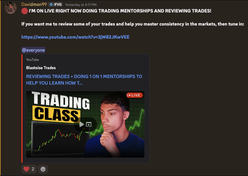 Community announcement for a live trading mentorship and trade-review class
